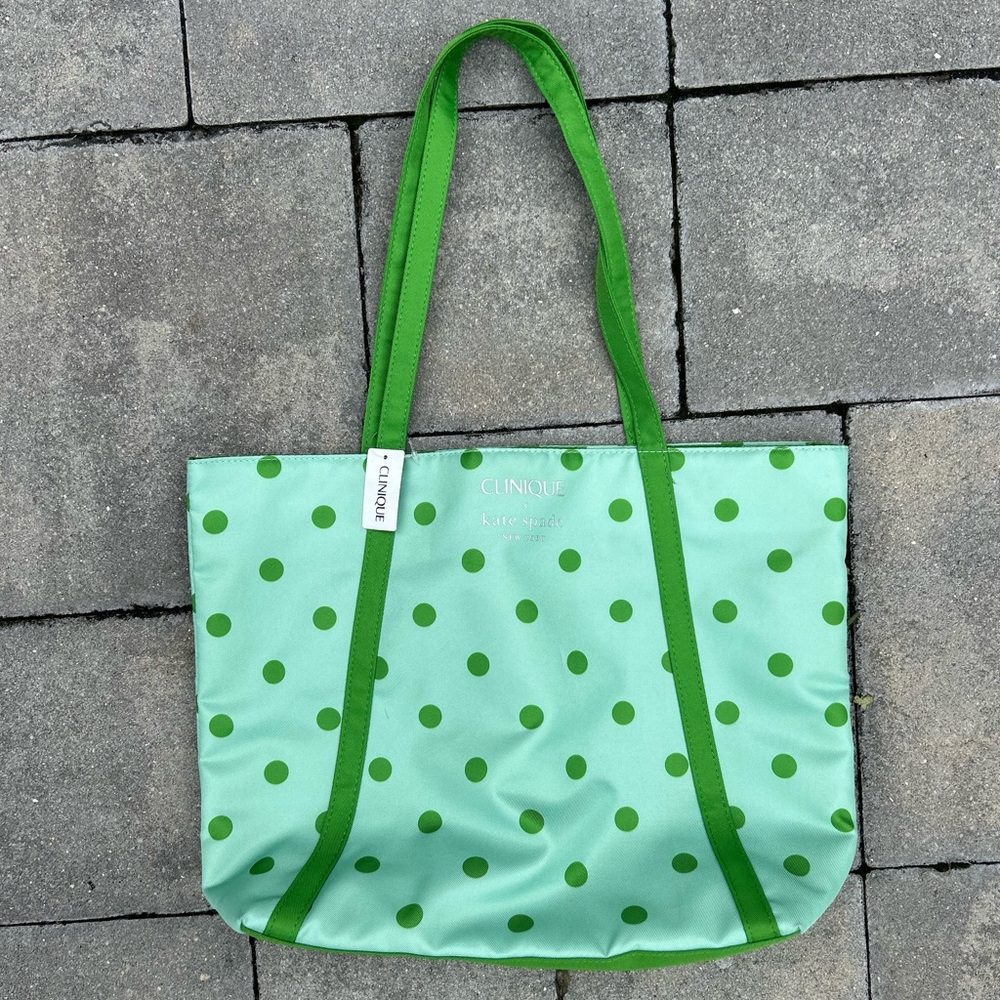 New Clinique x Kate Spade Green Polka Dots Shopping Shoulder Travel Tote Bag